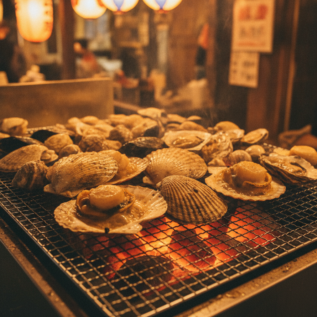 A hama-yaki spread of shellfish over charcoal