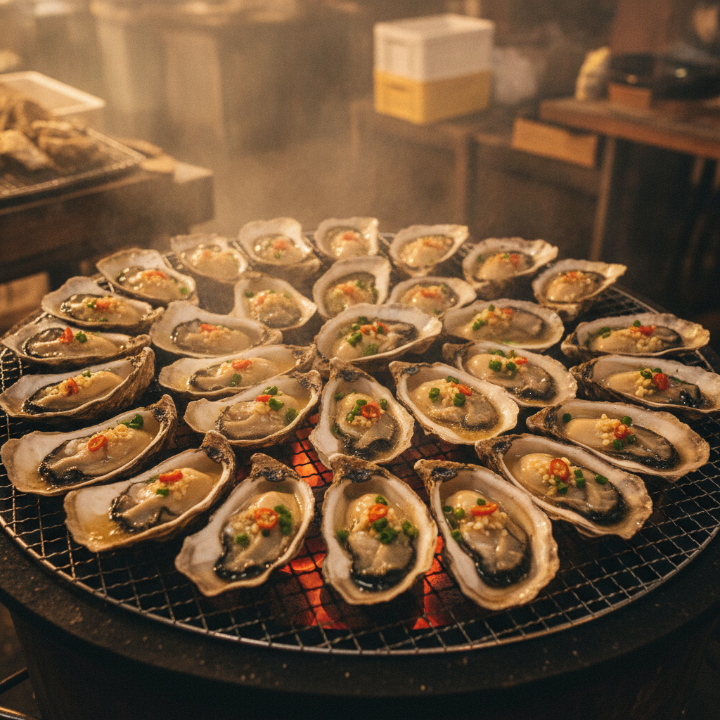 Shell-on oysters steaming over charcoal